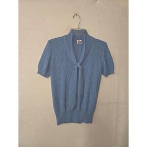 Bleyle Sweater Women S Blue Vintage Short Sleeve Tie Neck Chevron Pointelle Knit